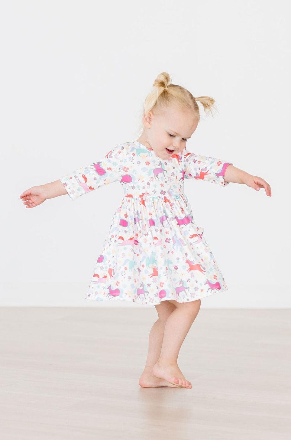 Mila & Rose ® Unicorn Wish 3/4 Sleeve Pocket Twirl Dress — lifestyle context