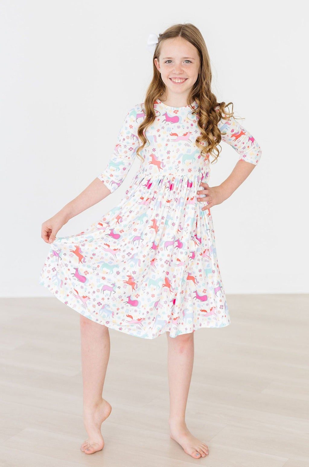 Mila & Rose ® Unicorn Wish 3/4 Sleeve Pocket Twirl Dress — side view