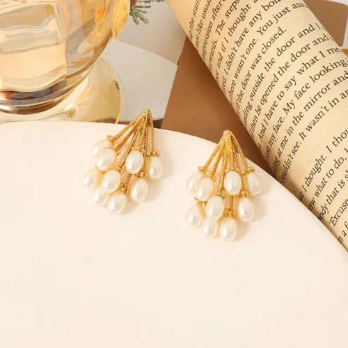 SORI STYLE Elegant Gold & Pearl Cluster Earrings — back view