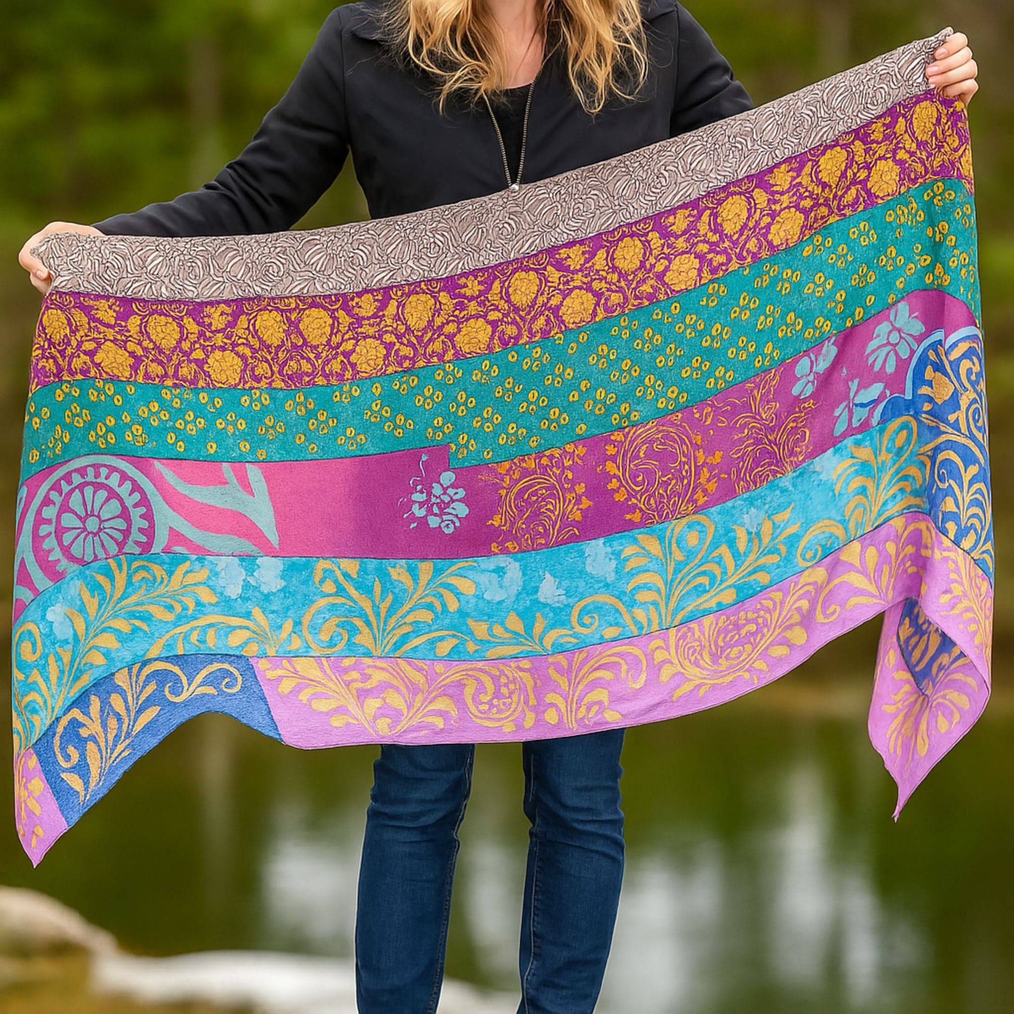 Darn Good Yarn The Original Medley Scarf. ♻️ Made from Sari Magic — Darn Good Yarn branding close-up
