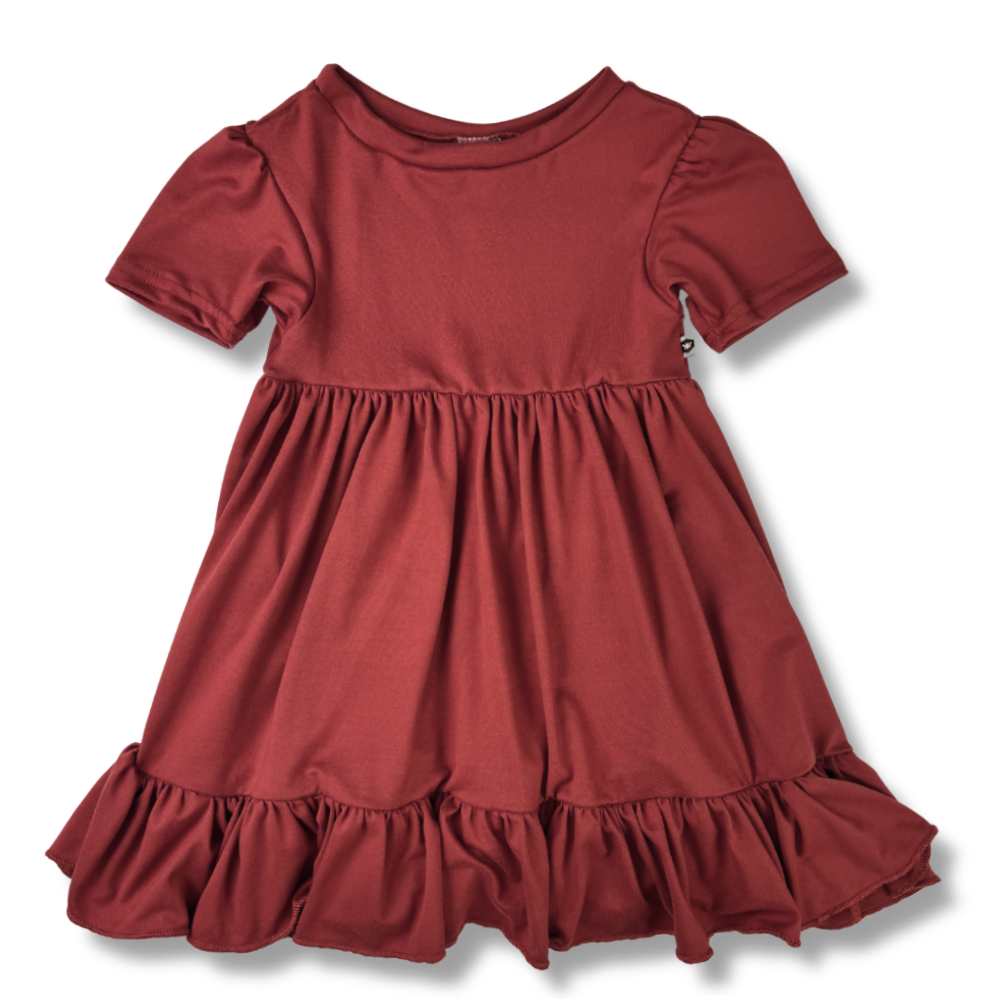 bumblitostore Bamboo Short Sleeve Twirl Dress in Brick — detail close-up