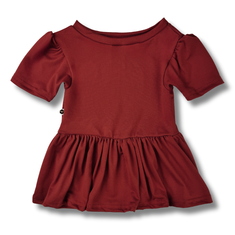 bumblitostore Bamboo Short Sleeve Peplum Top in Brick — detail close-up