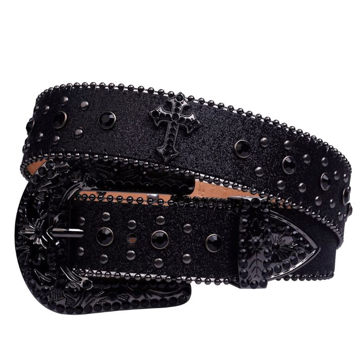 Rhinestone Belt Store Black Strap Cross Stones + Black Studs (Variant) Rhinestone Western Belt with Cross Buckle — belt full product shot