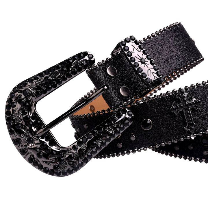 Rhinestone Belt Store Black Strap Cross Stones + Black Studs (Variant) Rhinestone Western Belt with Cross Buckle — cross buckle buckle macro shot