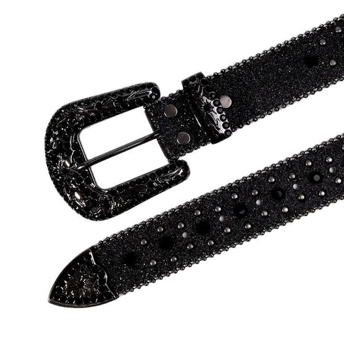 Rhinestone Belt Store Black Strap Cross Stones + Black Studs (Variant) Rhinestone Western Belt with Cross Buckle — cross stones + black studs (variant) rhinestone close-up detail