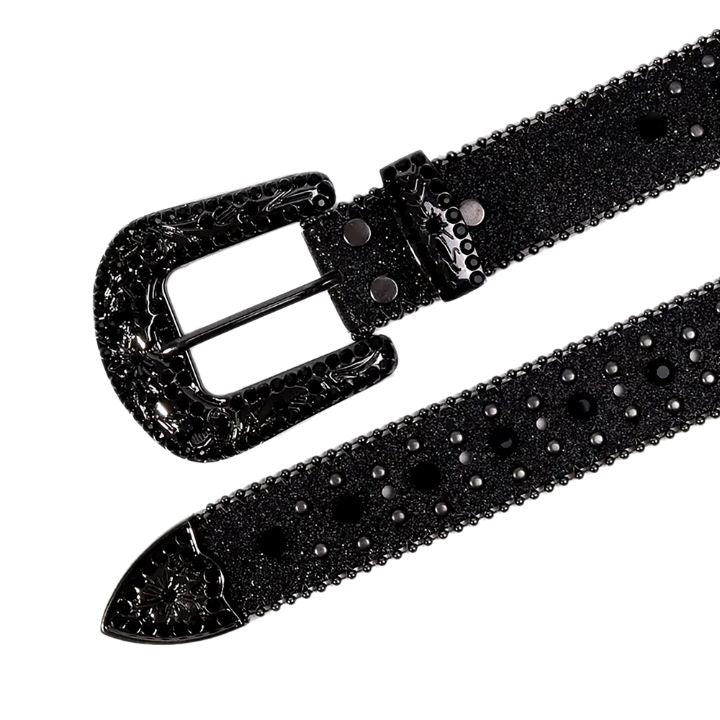 Rhinestone Belt Store Black Strap Cross Stones + Black Studs Rhinestone Western Belt with Cross Buckle — cross stones + black studs rhinestone close-up detail