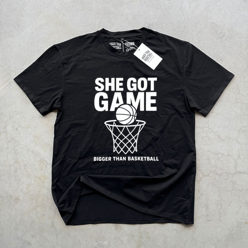 Bigger Than Basketball She Got Game - T-Shirt - Black — detail and construction