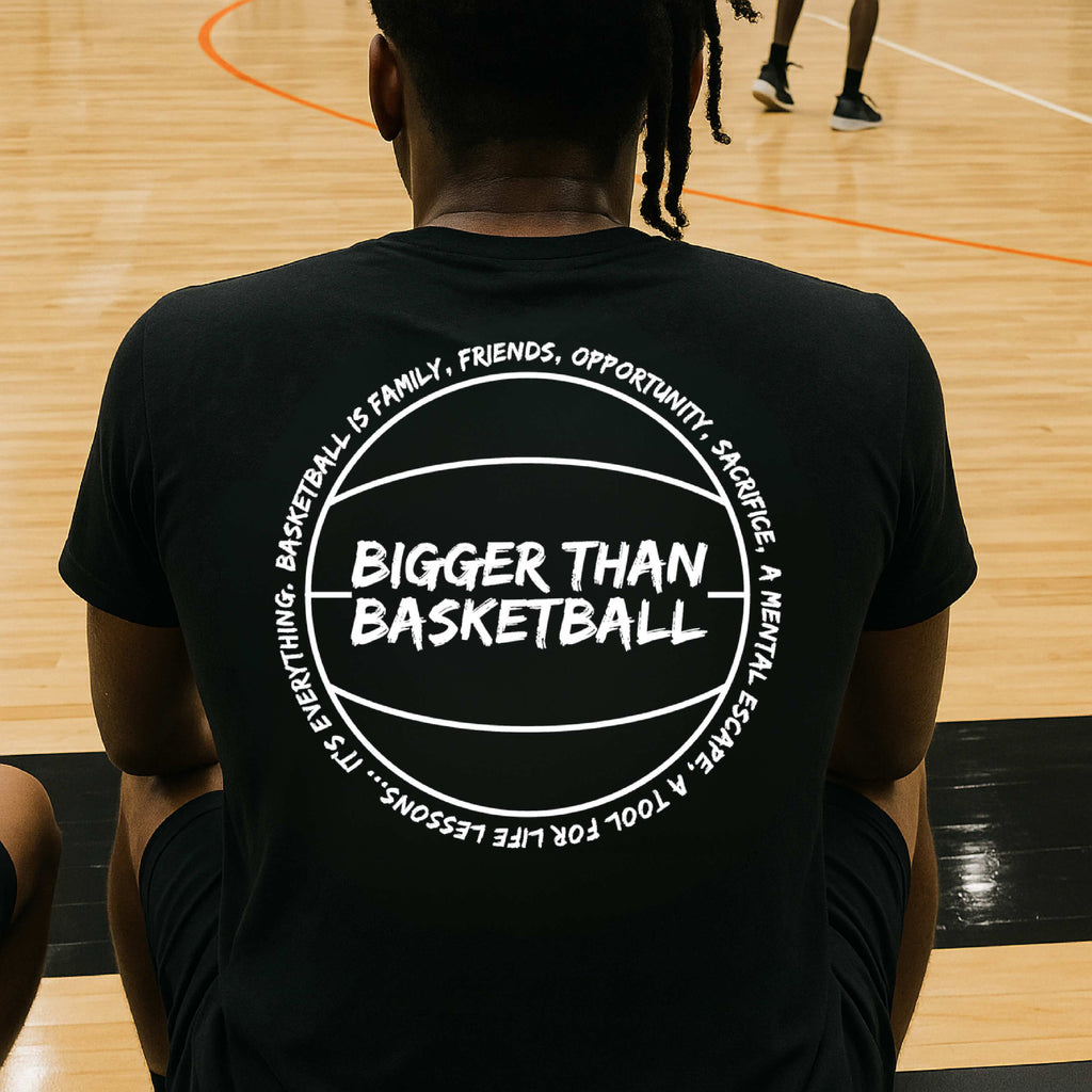 Bigger Than Basketball Beyond Basketball - T-Shirt - Black — Bigger Than Basketball branding close-up