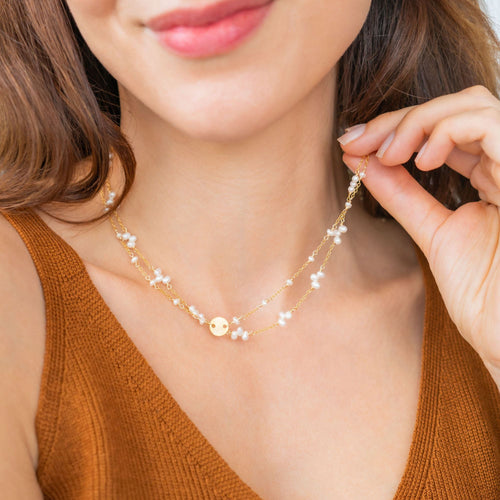 PARKEN JEWELRY Gold Bead Pearl Layering Necklace — detail close-up