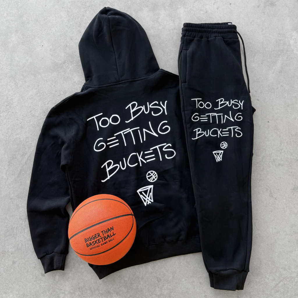 Bigger Than Basketball Too Busy Getting Buckets - Hoodie - Black — Bigger Than Basketball branding close-up