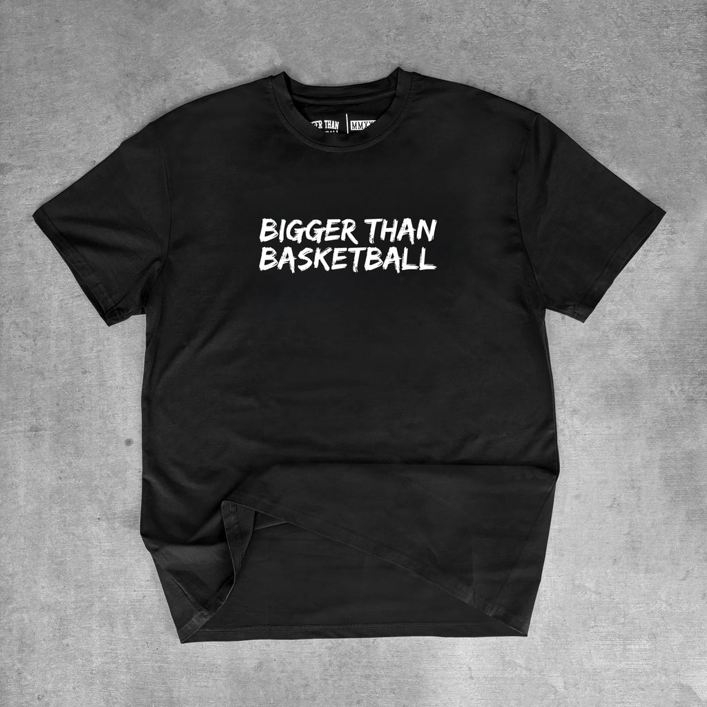 Bigger Than Basketball Basketball is Life - T-Shirt - Black — Bigger Than Basketball branding close-up