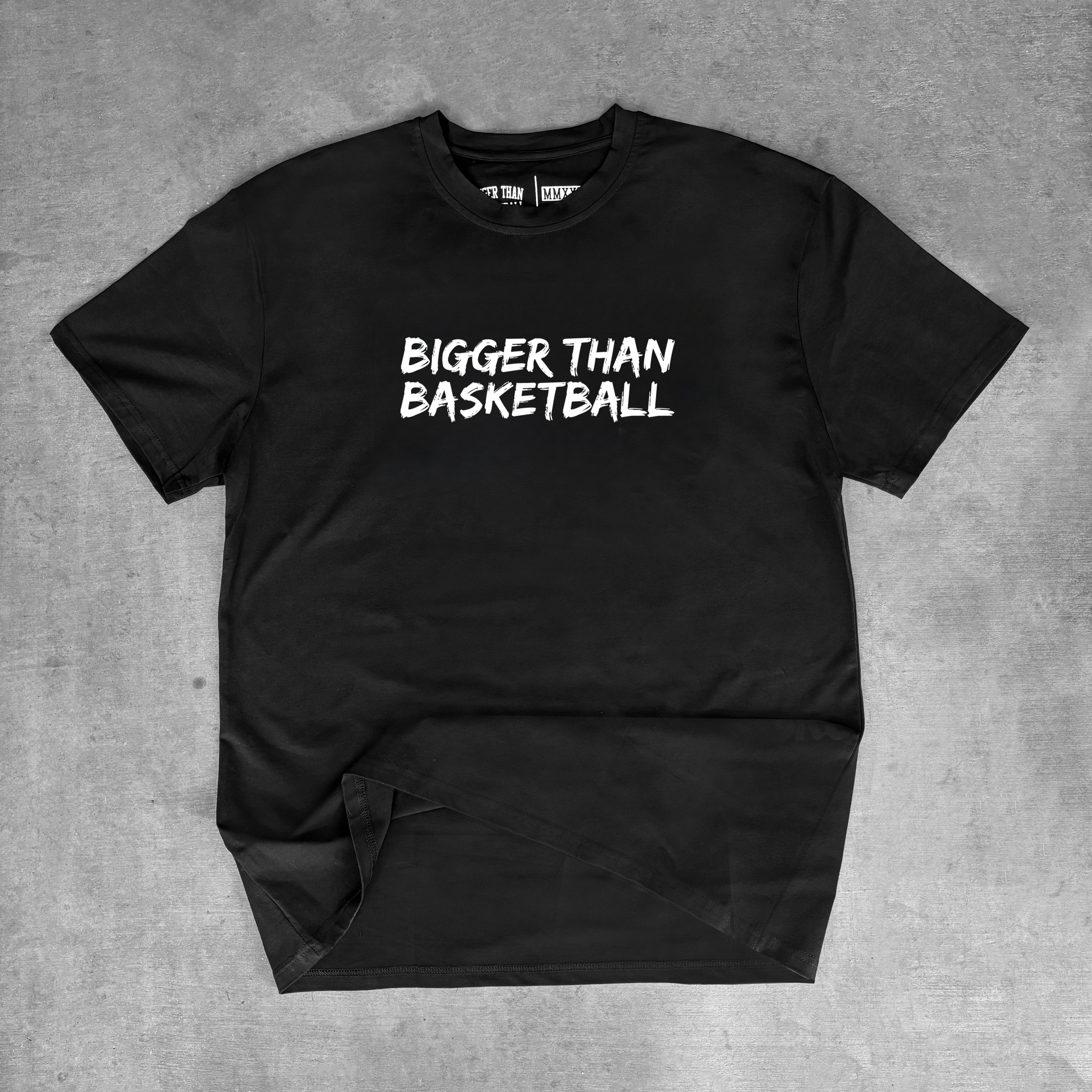 Bigger Than Basketball Basketball is Life - T-Shirt - Black — Bigger Than Basketball branding close-up