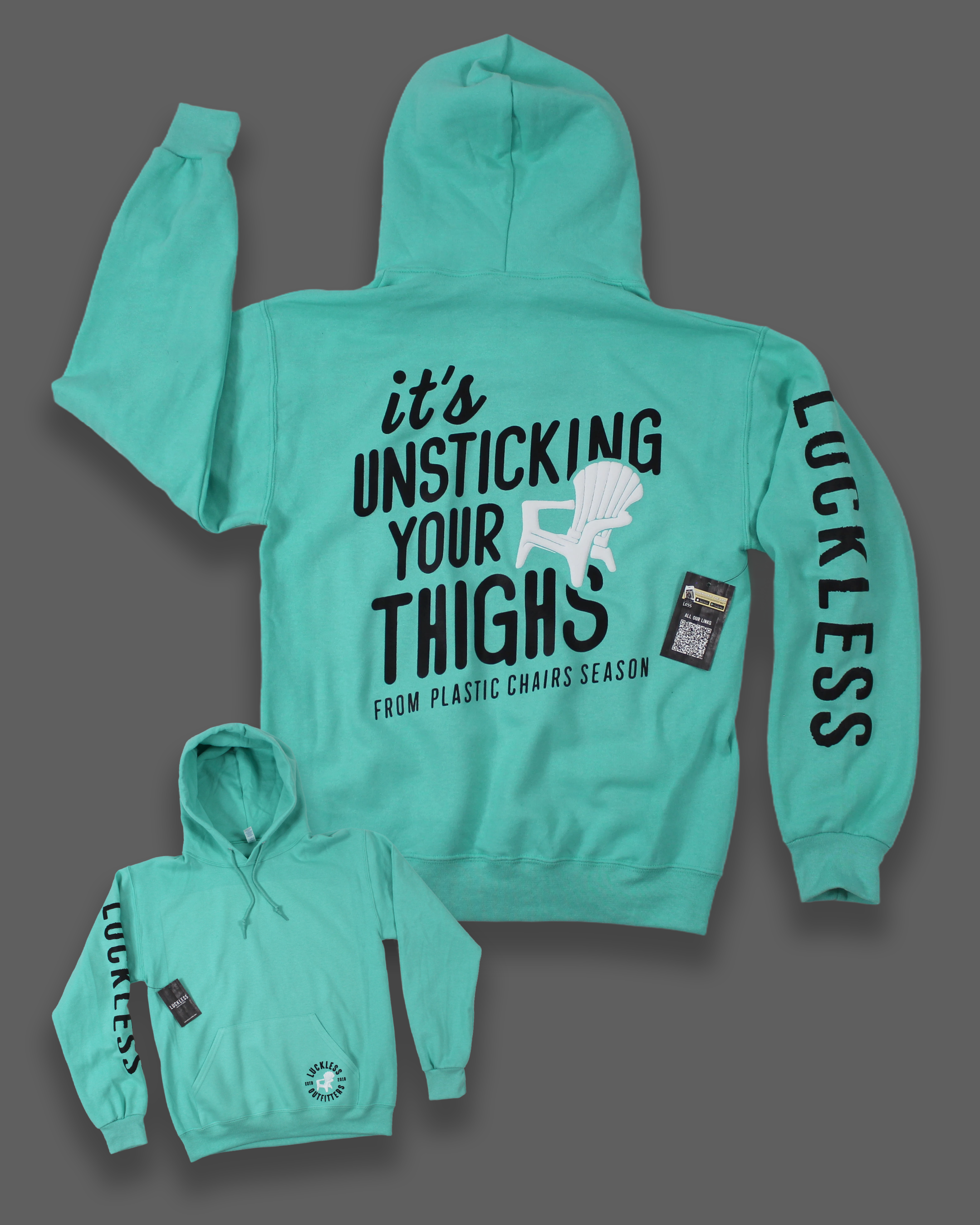 Luckless Outfitters Unsticking Season Hoodie — detail close-up