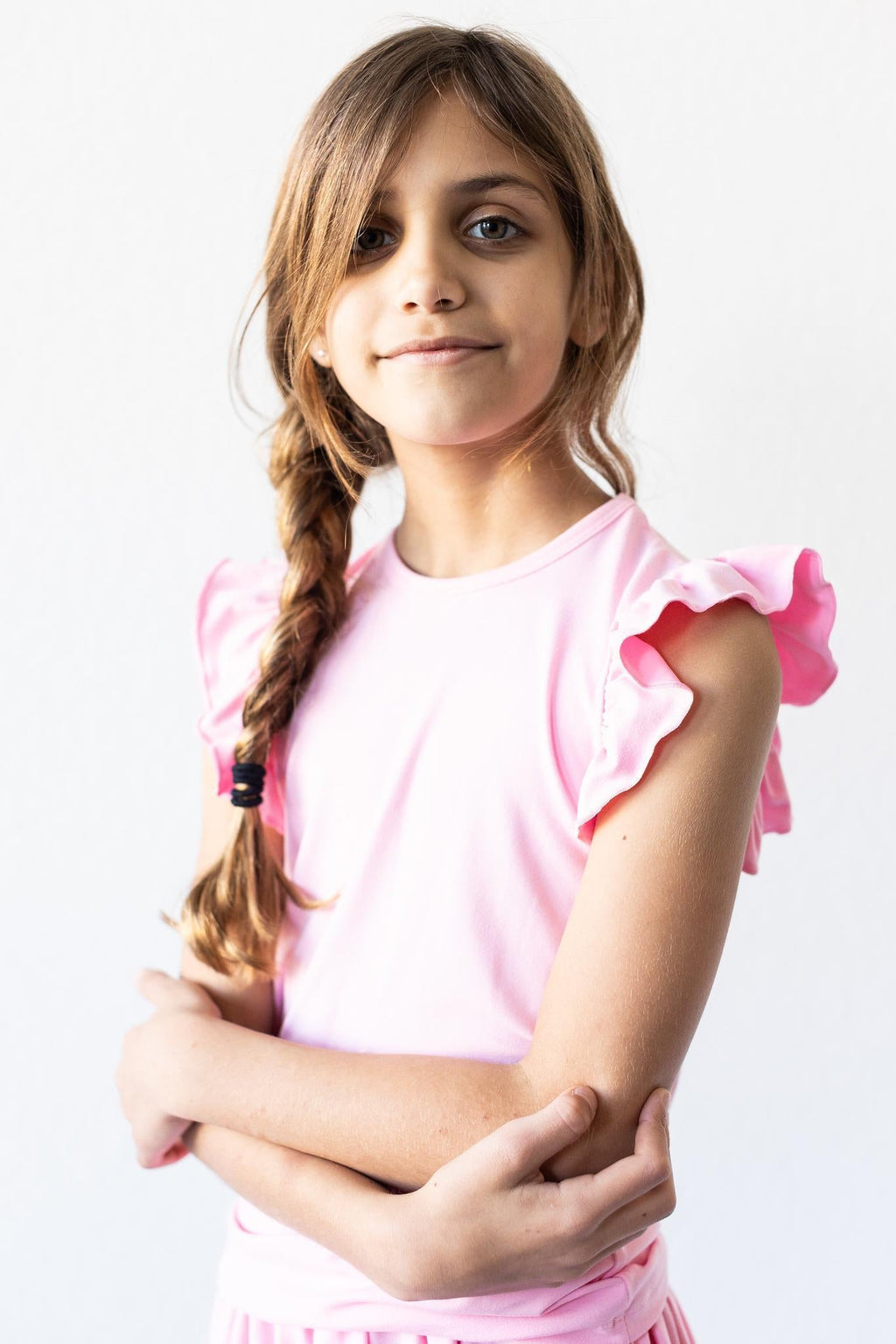 Mila & Rose ® Bubblegum Pink S/S Ruffle Tee — side view