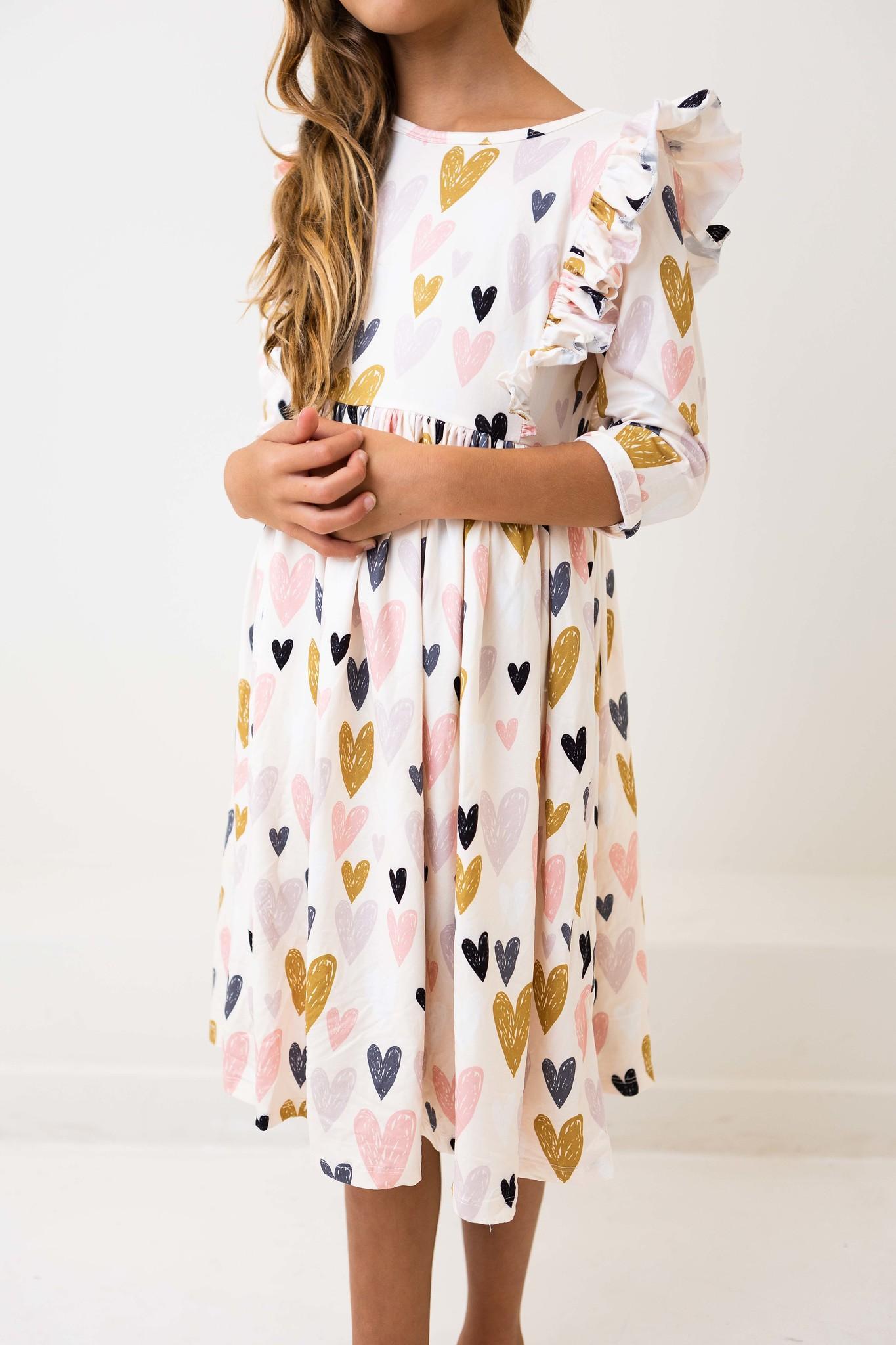 Mila & Rose ® I Heart You 3/4 Sleeve Ruffle Twirl Dress — detail close-up
