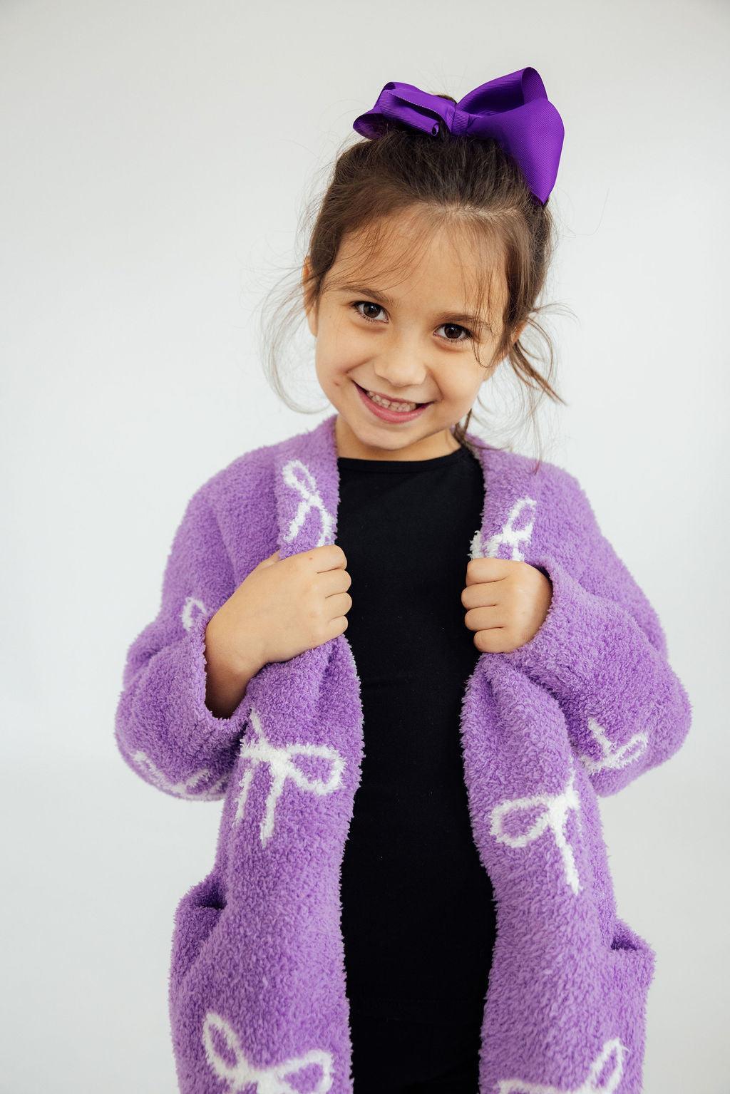 Mila & Rose ® Lilac/Coconut Bow Cozy Cardigan — detail close-up