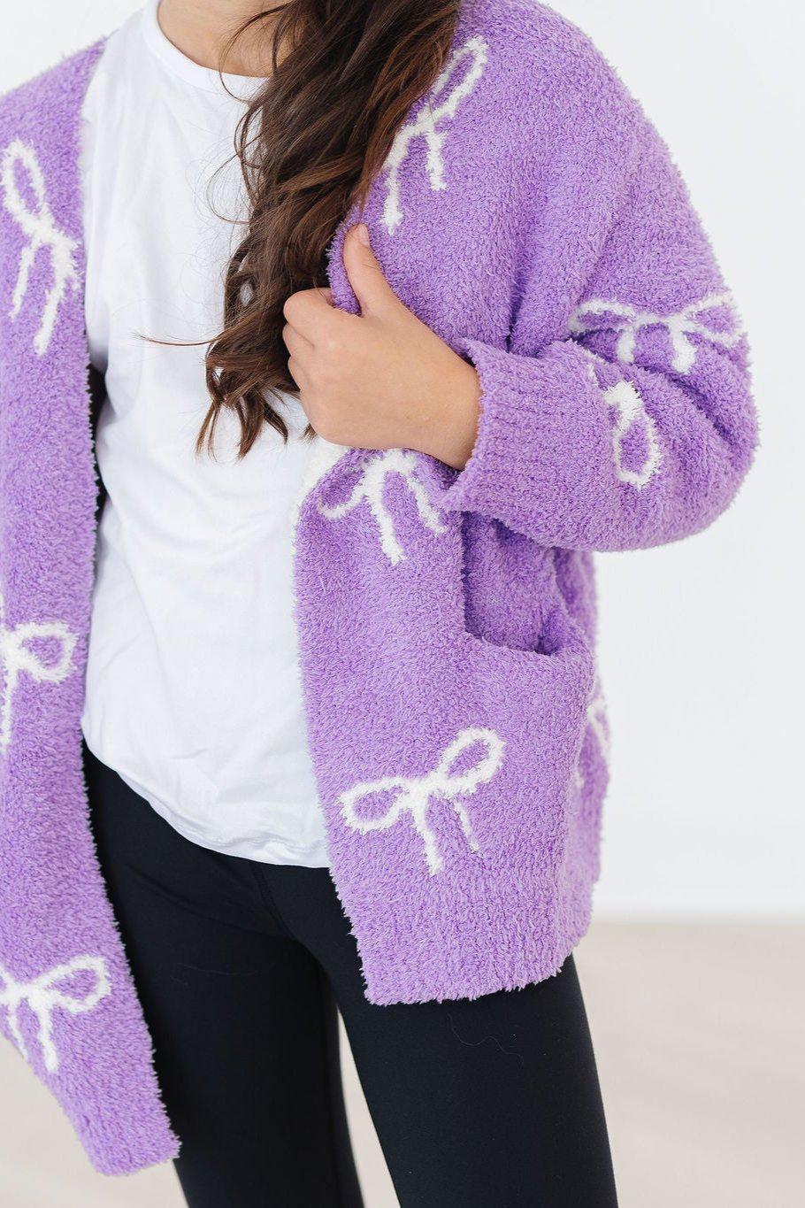 Mila & Rose ® Lilac/Coconut Bow Cozy Cardigan — side view