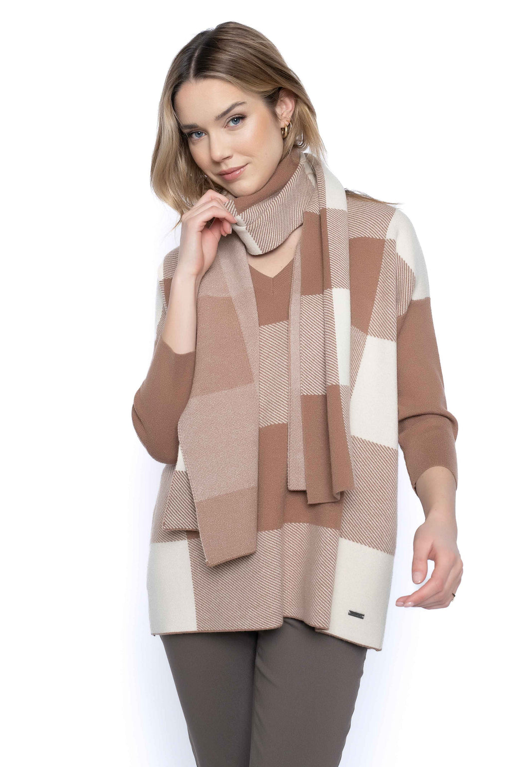 KADOU BOUTIQUE V-Neck Plaid Sweater with Scarf — main product shot