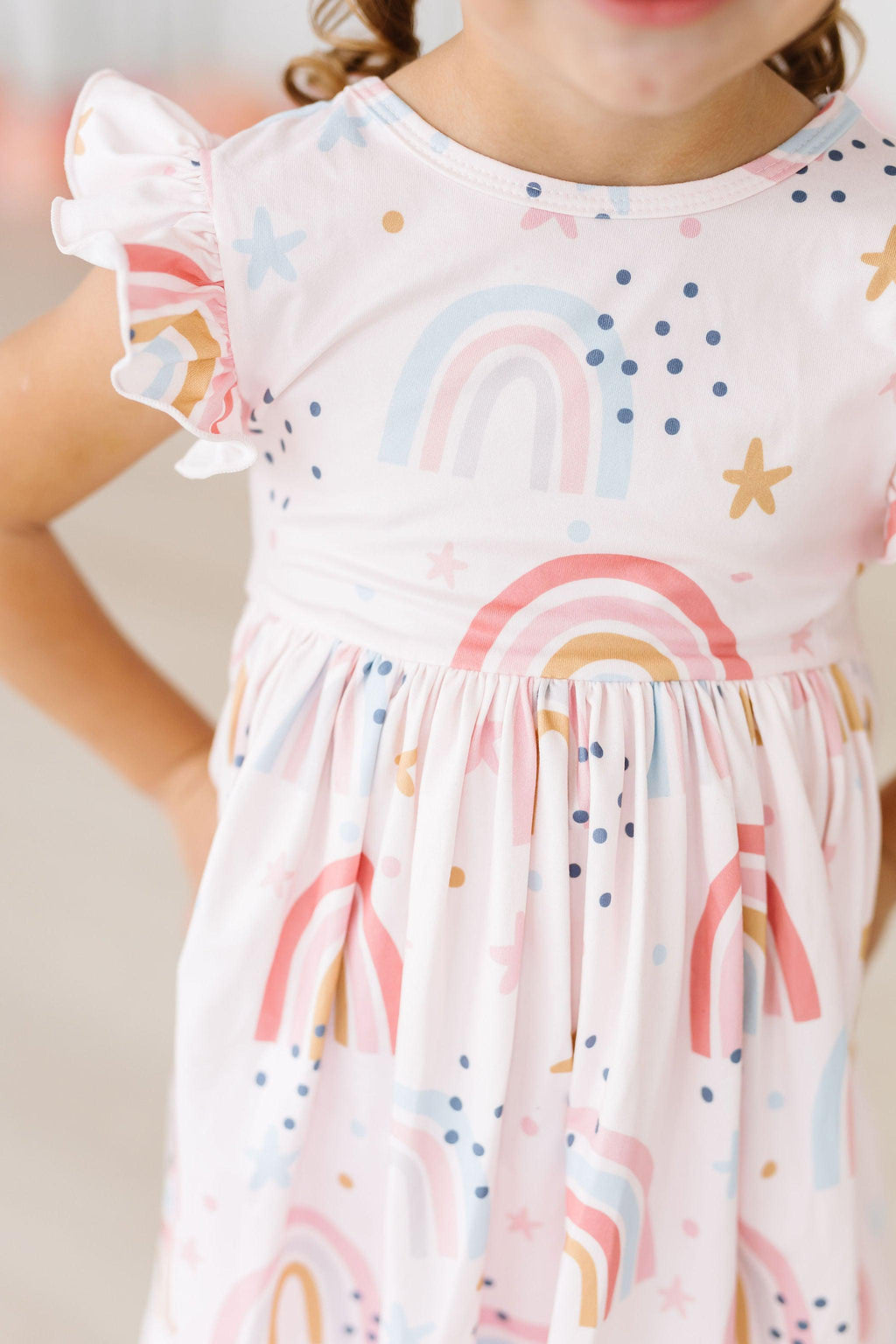 Mila & Rose ® Over the Rainbow Flutter Sleeve Twirl Dress — detail close-up