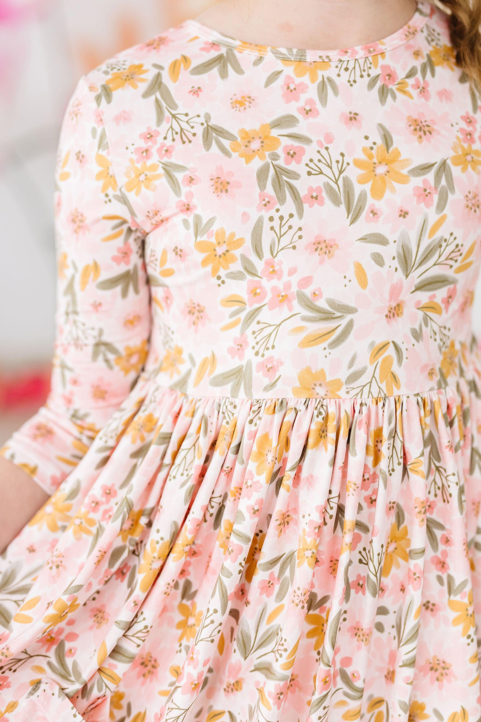 Mila & Rose ® Pretty Peachy 3/4 Sleeve Pocket Twirl Dress — detail close-up