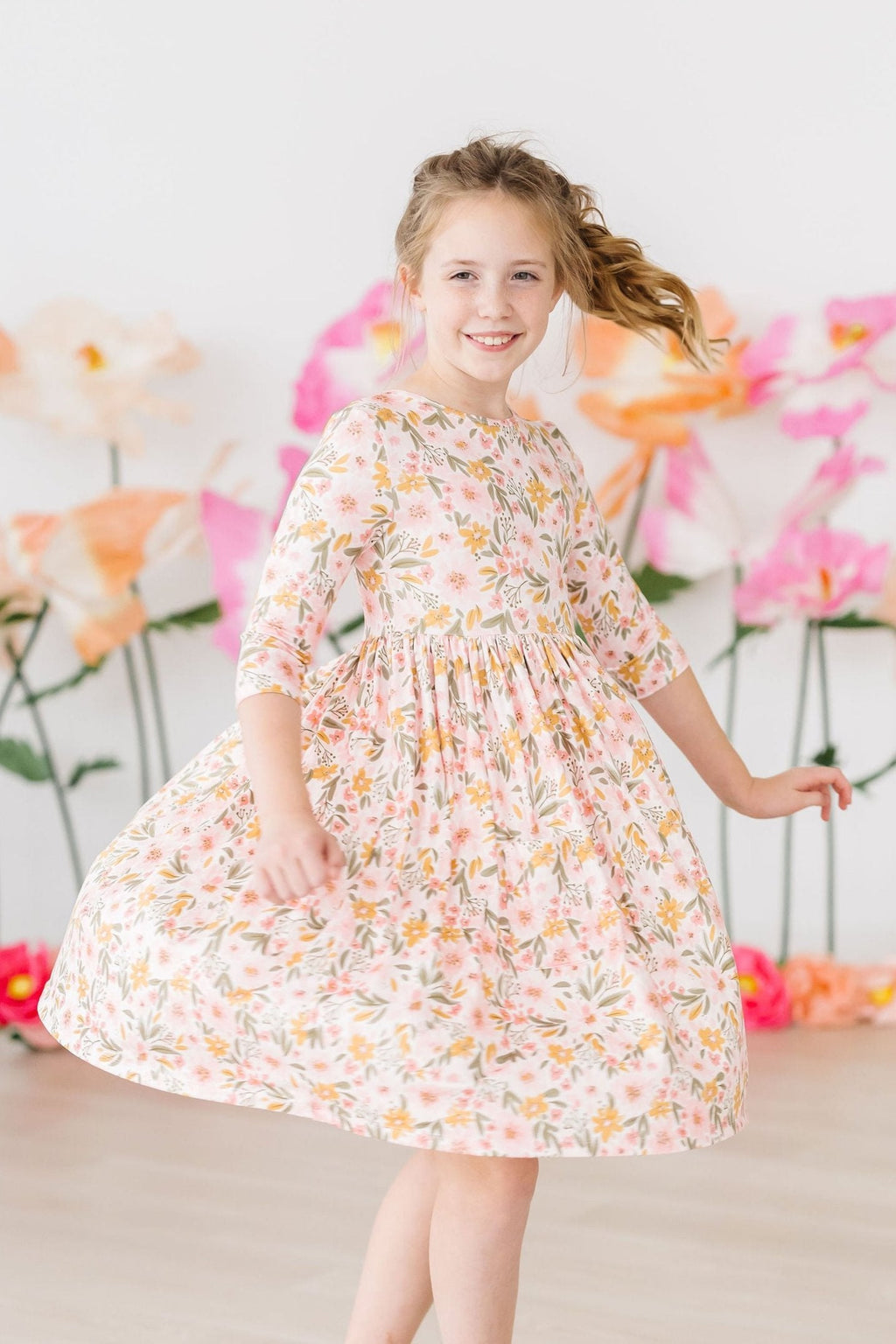 Mila & Rose ® Pretty Peachy 3/4 Sleeve Pocket Twirl Dress — lifestyle context