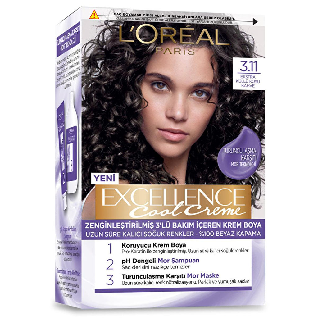 L'Oreal Paris Excellence Cool Creme 3.11: Cool Dark Brown Hair Dye, Anti-Brass, 100% Gray Coverage - At Home Hair Color