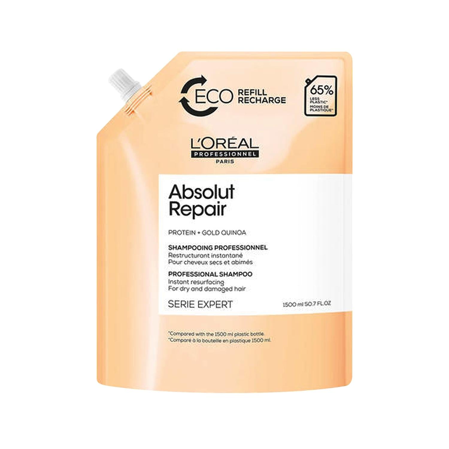 L'Oreal Professionnel Absolut Repair Shampoo: 1500ml Professional Hair Repair for Damaged Hair, Refill Size - Restore, Strengthen & Manage with Serie Expert.