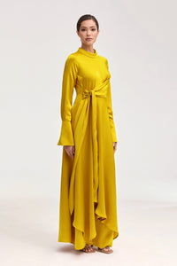 Serena Satin Side Tie Maxi Dress - Honey