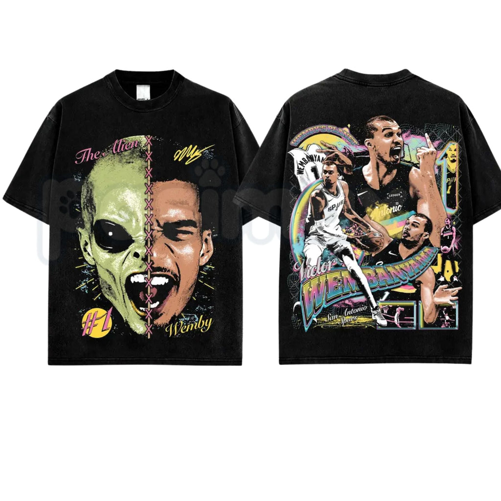 Victor Wembanyama VW1 T-Shirt – Premium Cotton San Antonio Basketball Graphic Tee, Vintage Washed Alien French Prodigy Streetwear