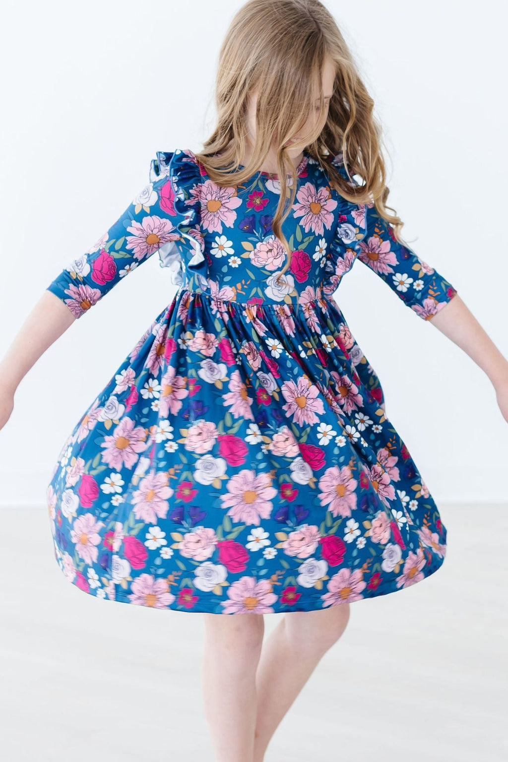 Mila & Rose ® Vintage Garden 3/4 Sleeve Ruffle Twirl Dress — detail close-up