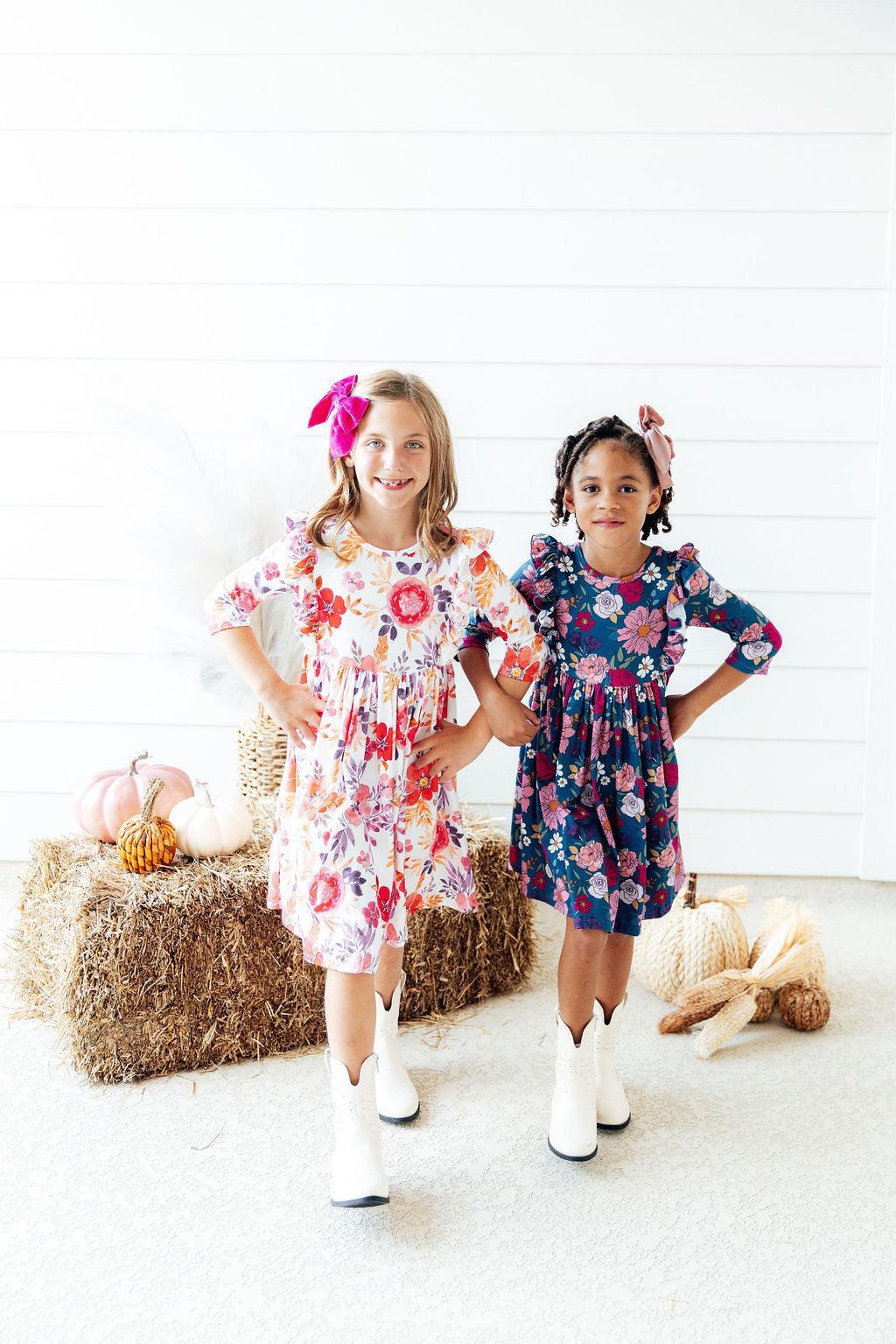 Mila & Rose ® Vintage Garden 3/4 Sleeve Ruffle Twirl Dress — side view