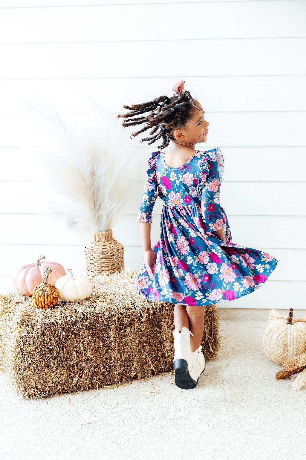 Mila & Rose ® Vintage Garden 3/4 Sleeve Ruffle Twirl Dress — back view