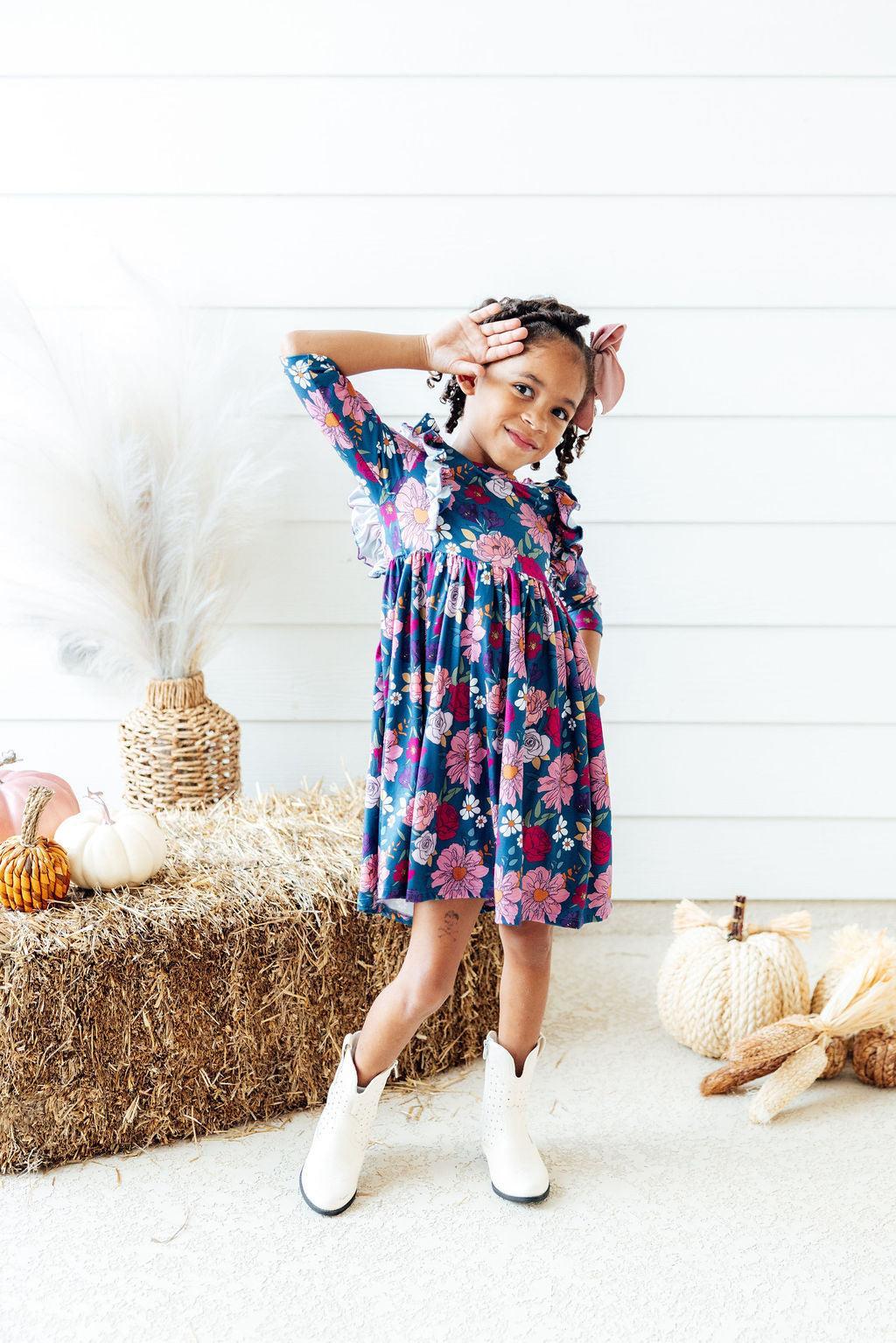 Mila & Rose ® Vintage Garden 3/4 Sleeve Ruffle Twirl Dress — in-use photo