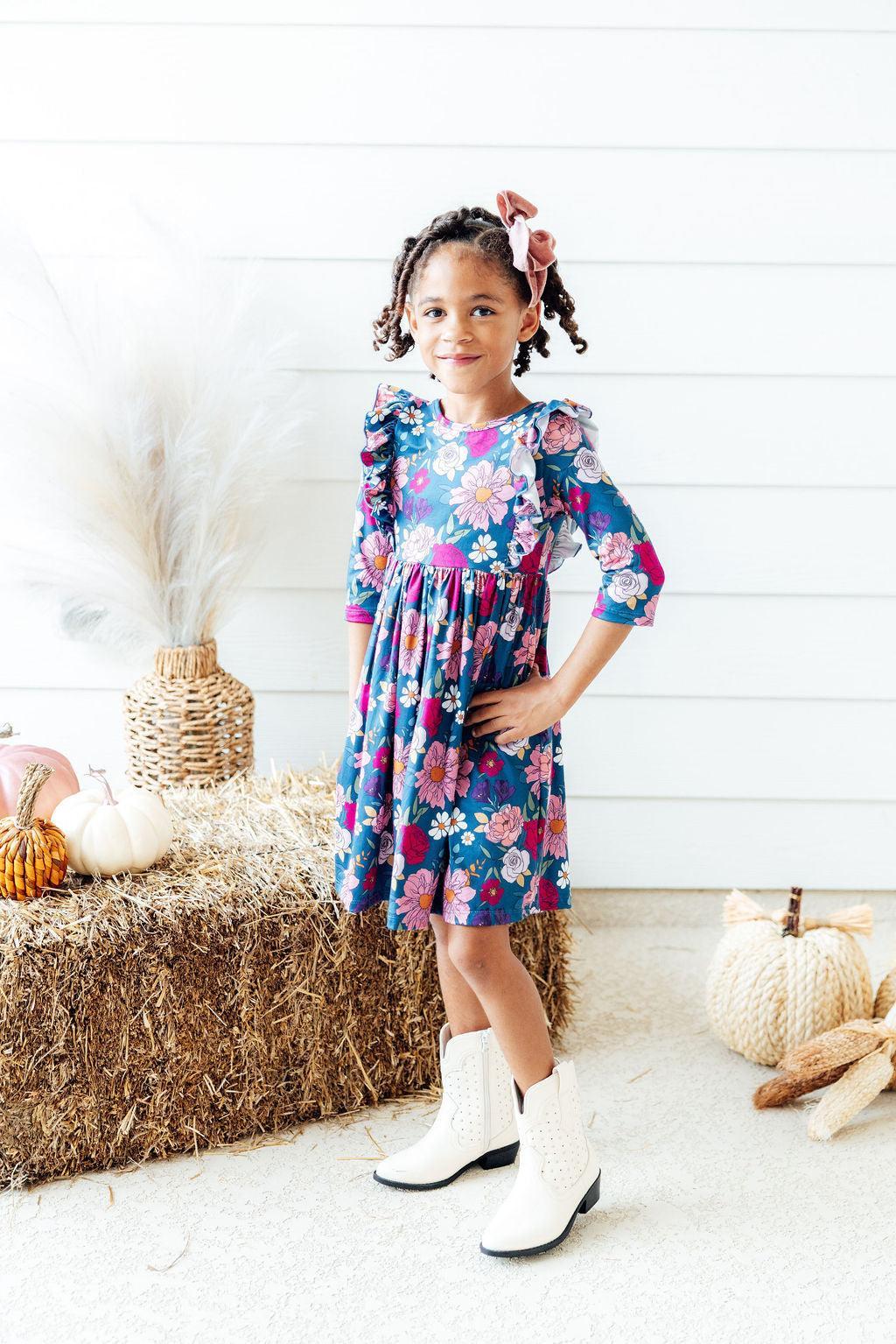 Mila & Rose ® Vintage Garden 3/4 Sleeve Ruffle Twirl Dress — size reference