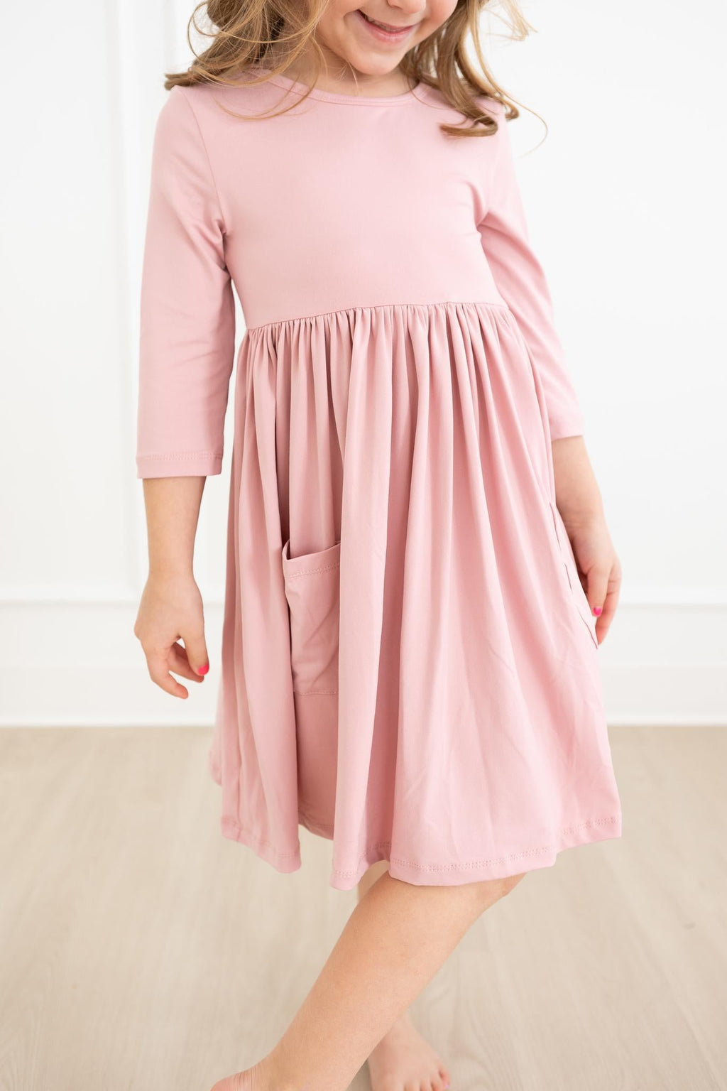 Mila & Rose ® Vintage Pink 3/4 Sleeve Pocket Twirl Dress — side view
