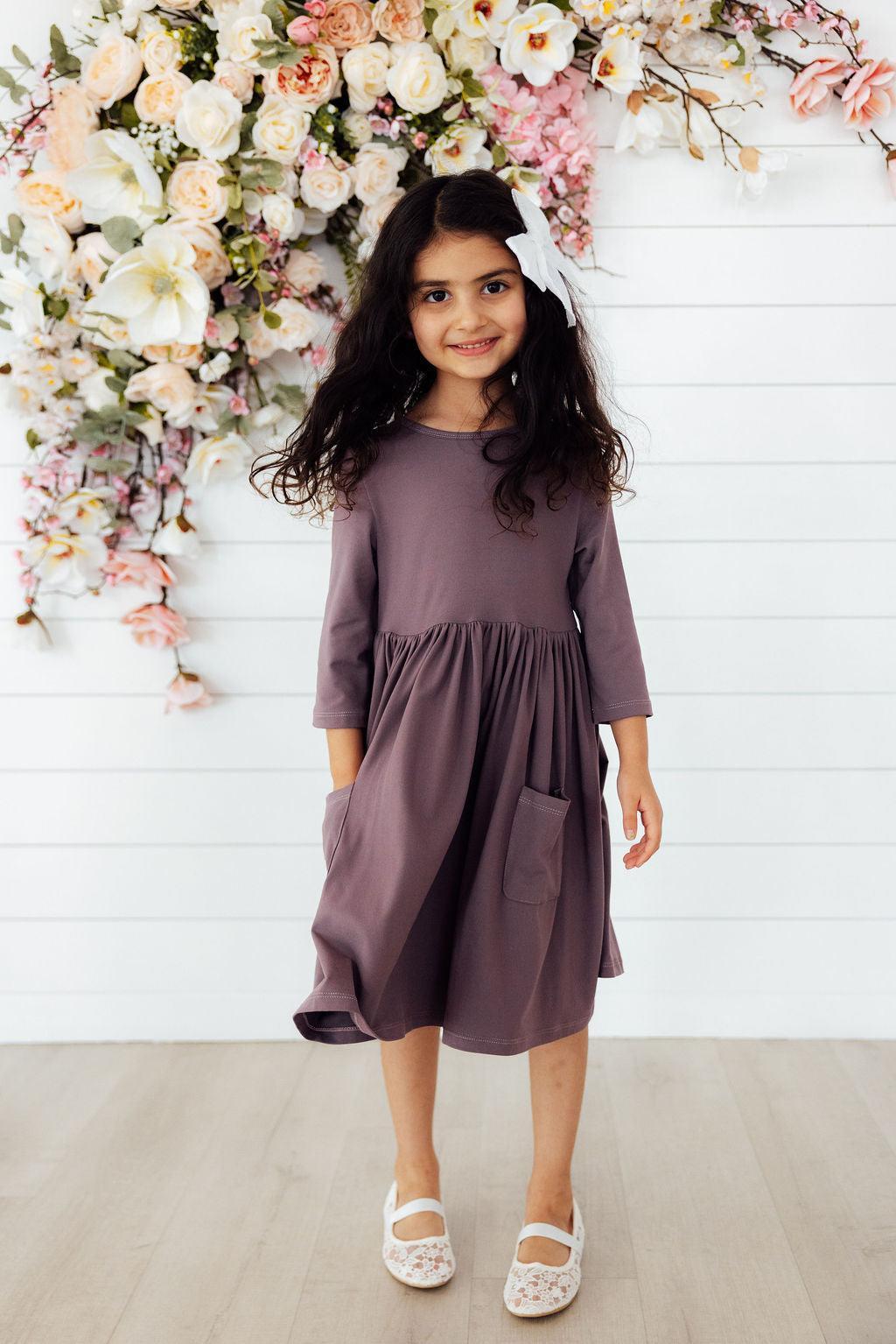 Mila & Rose ® Vintage Violet 3/4 Sleeve Pocket Twirl Dress — detail close-up