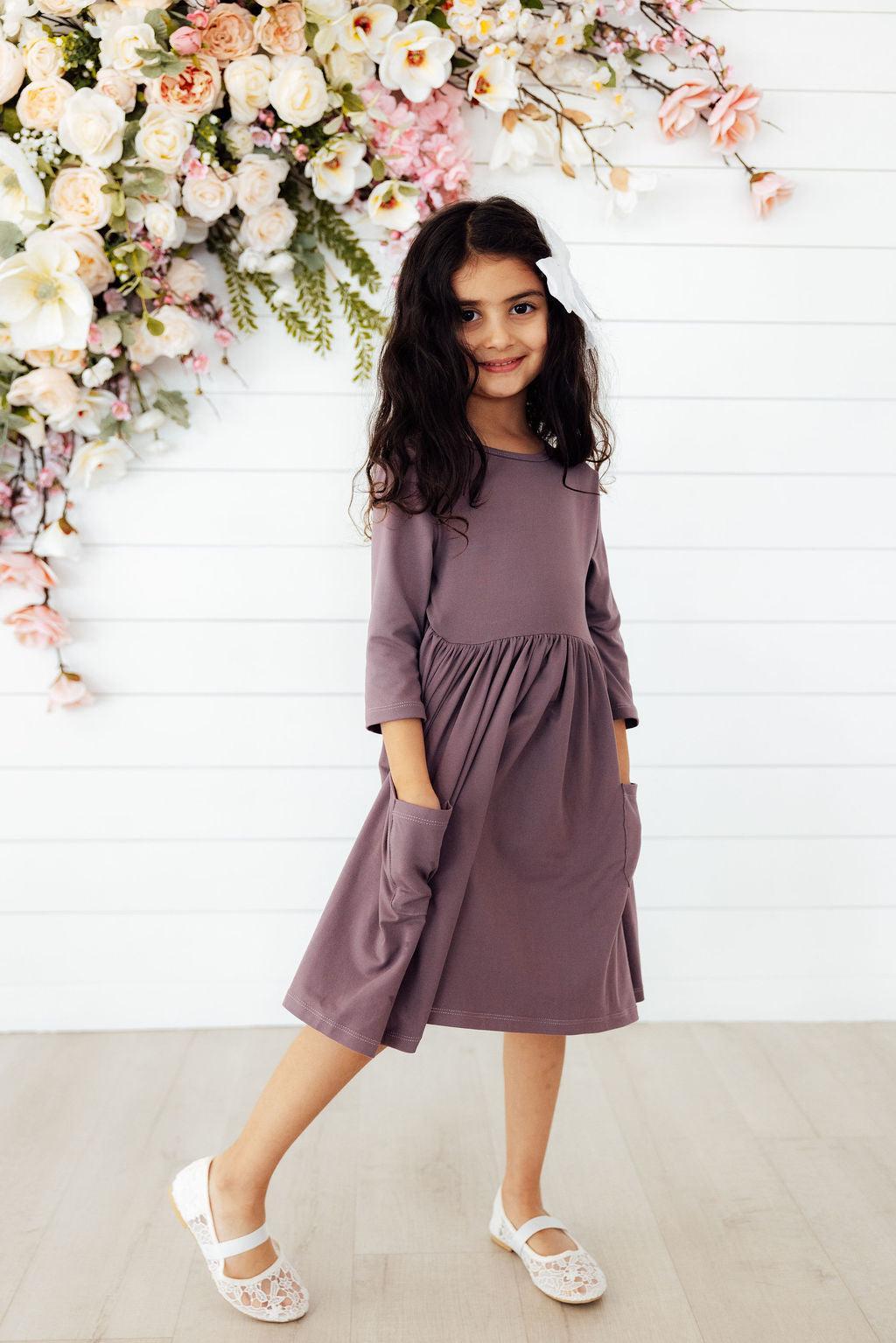 Mila & Rose ® Vintage Violet 3/4 Sleeve Pocket Twirl Dress — side view