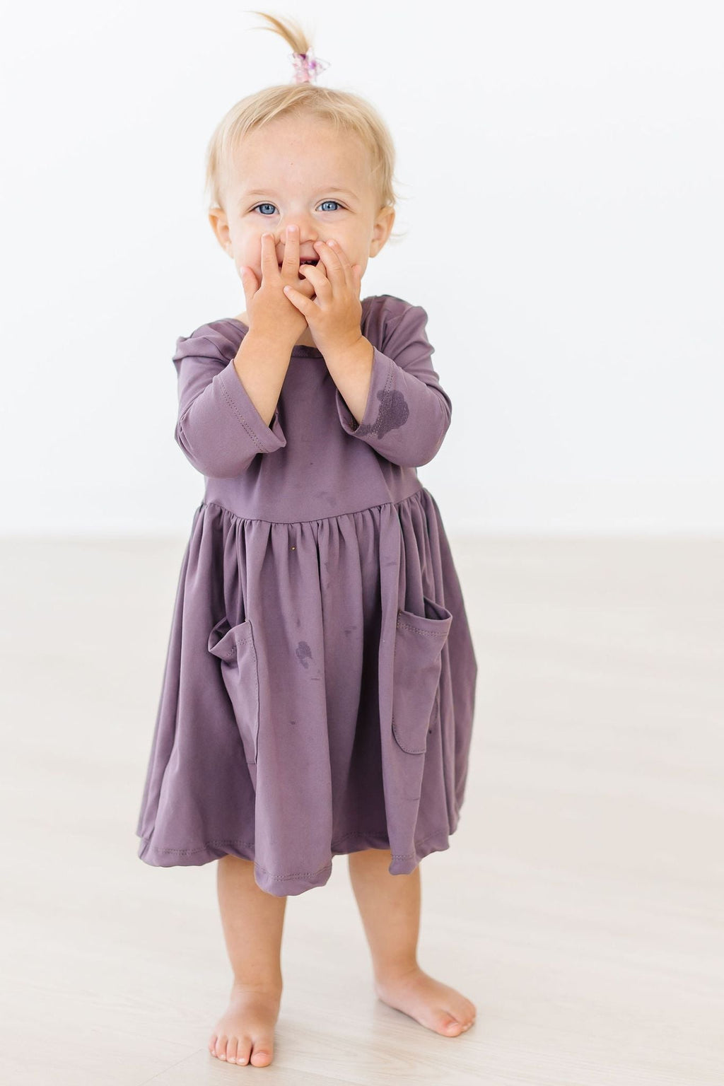 Mila & Rose ® Vintage Violet 3/4 Sleeve Pocket Twirl Dress — back view