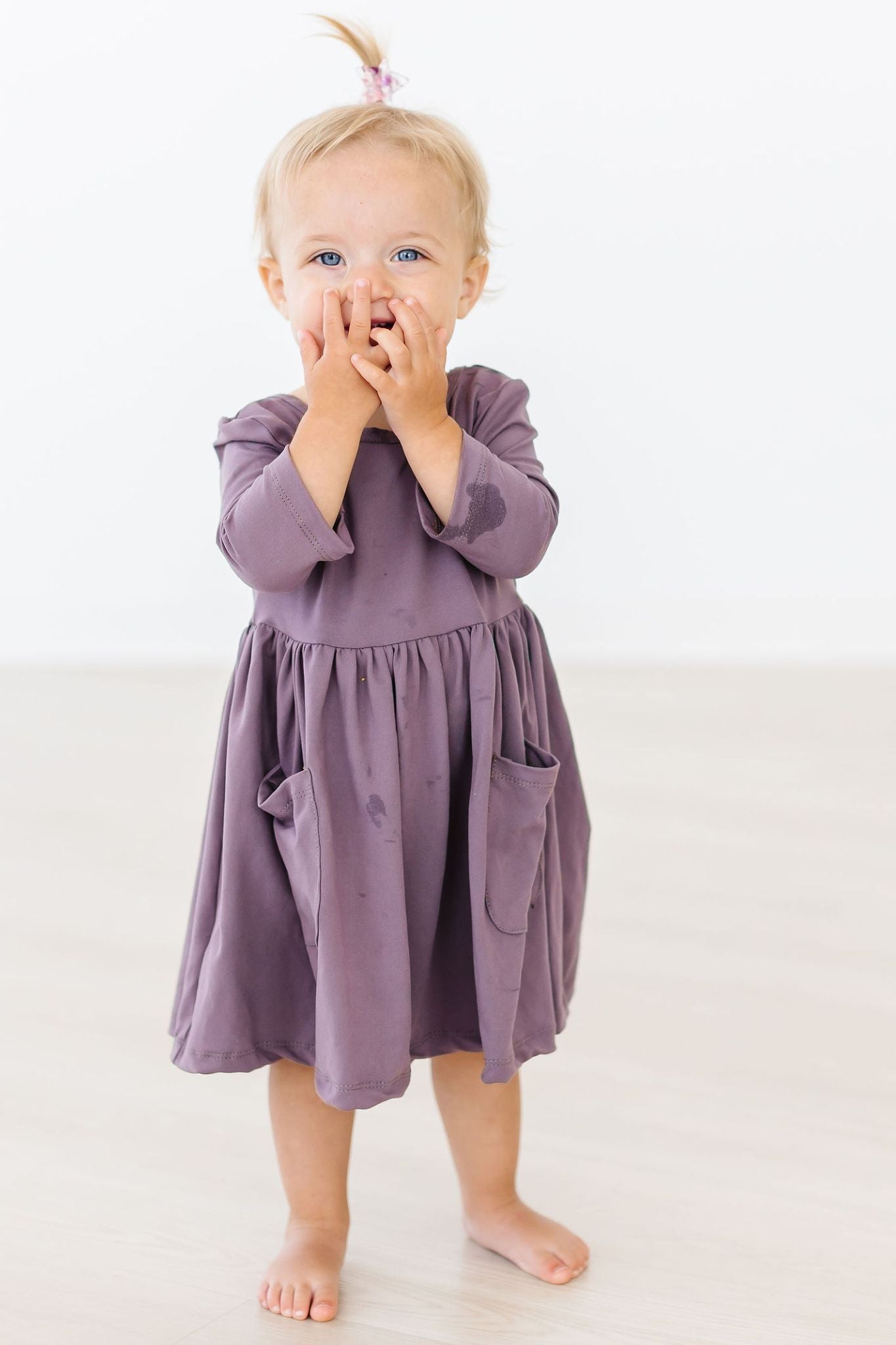 Mila & Rose ® Vintage Violet 3/4 Sleeve Pocket Twirl Dress — back view
