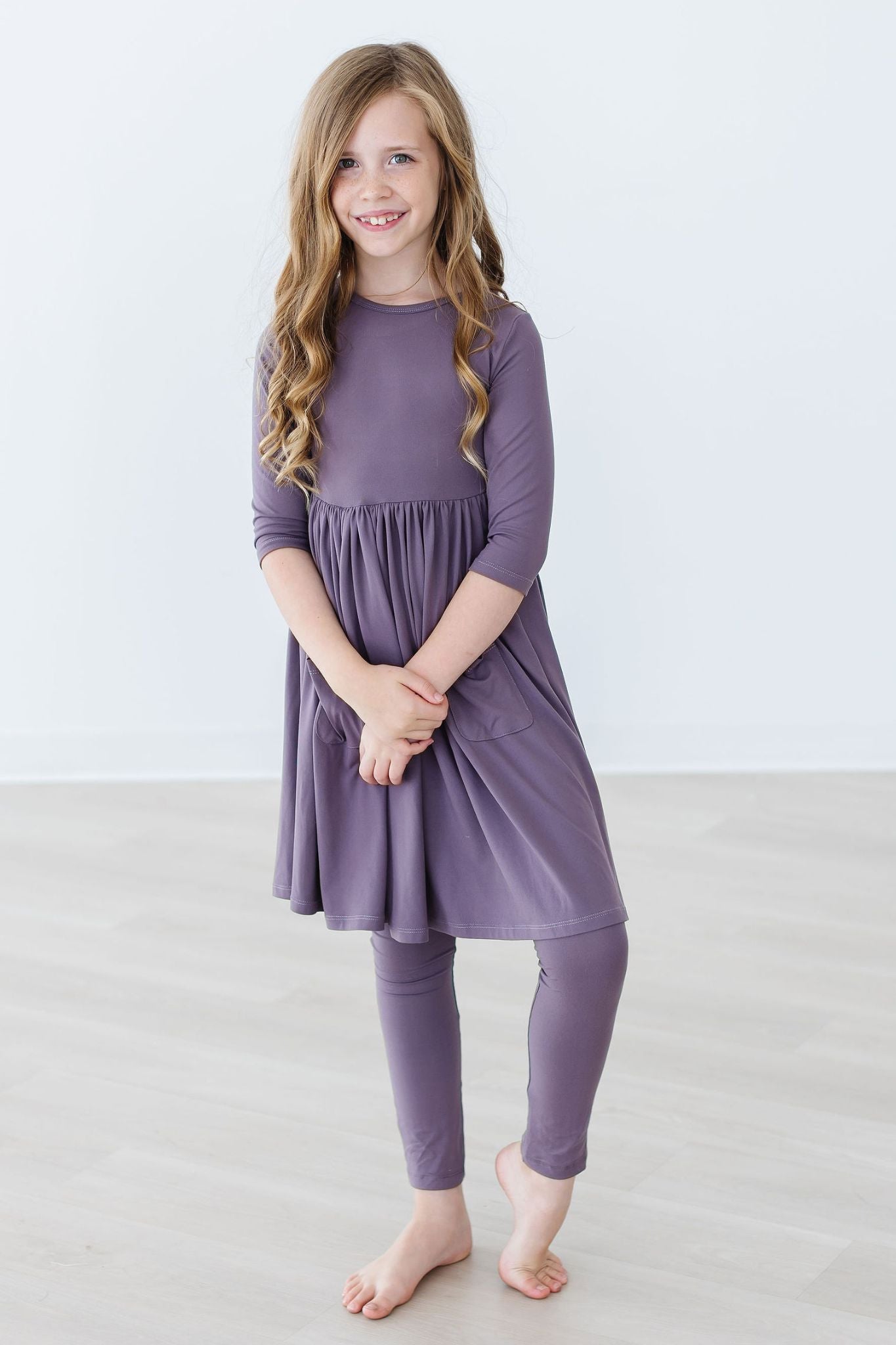 Mila & Rose ® Vintage Violet 3/4 Sleeve Pocket Twirl Dress — in-use photo