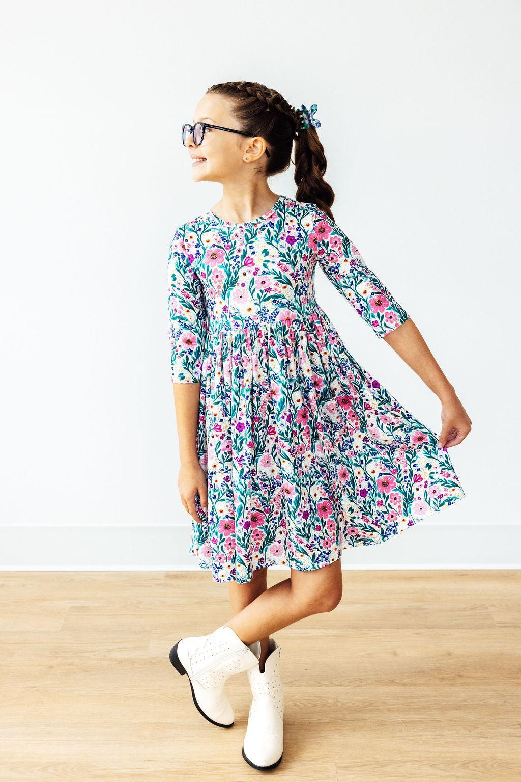 Mila & Rose ® Vivid Garden 3/4 Sleeve Pocket Twirl Dress — detail close-up