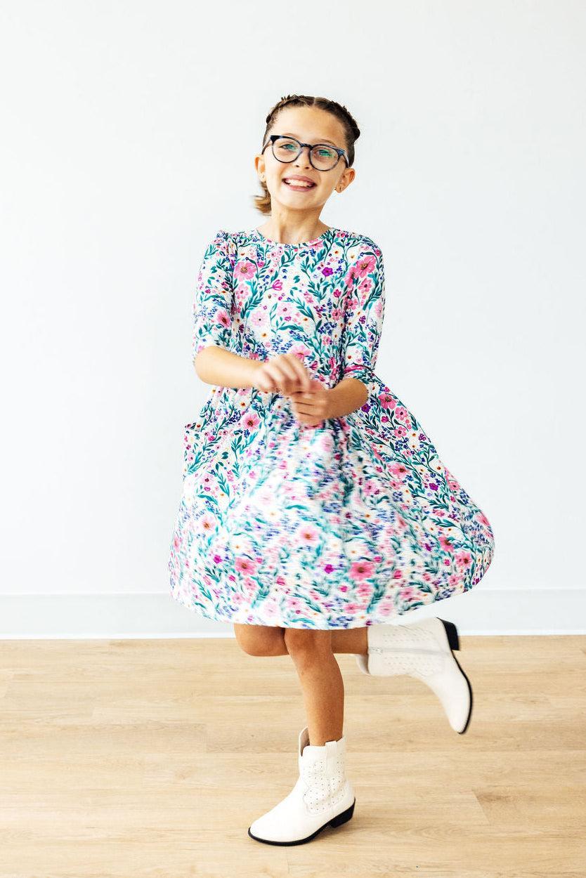 Mila & Rose ® Vivid Garden 3/4 Sleeve Pocket Twirl Dress — side view