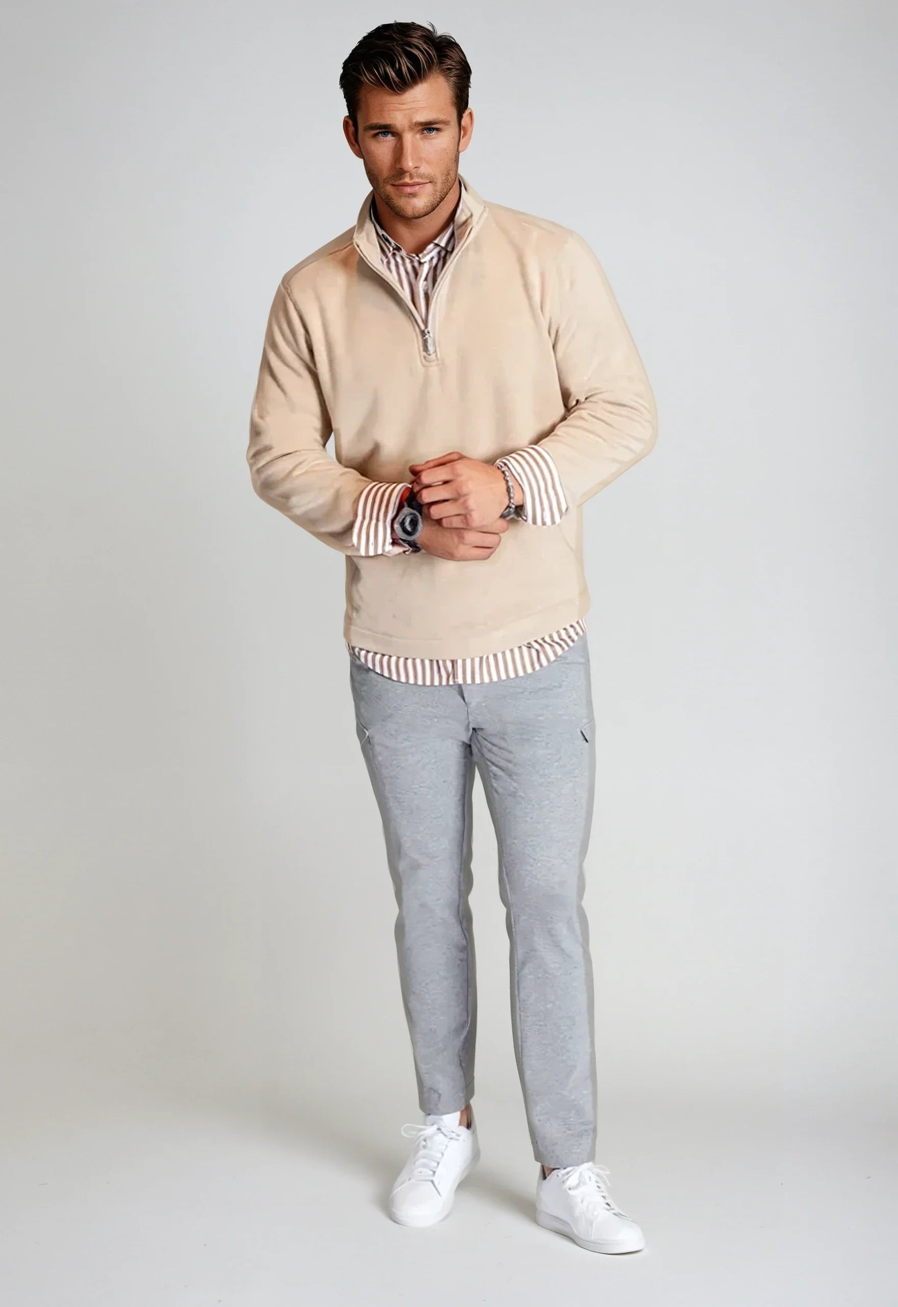 Buki Voey Quarter Zip Sweatshirt - Camel — in-use photo