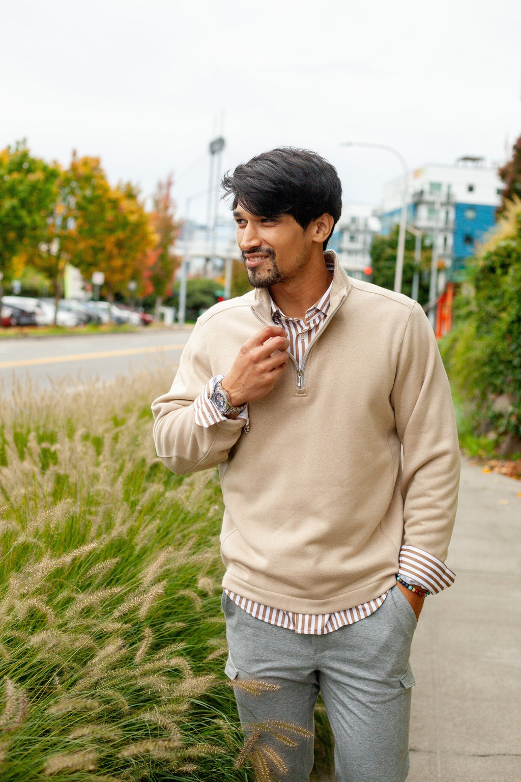 Buki Voey Quarter Zip Sweatshirt - Camel — side view
