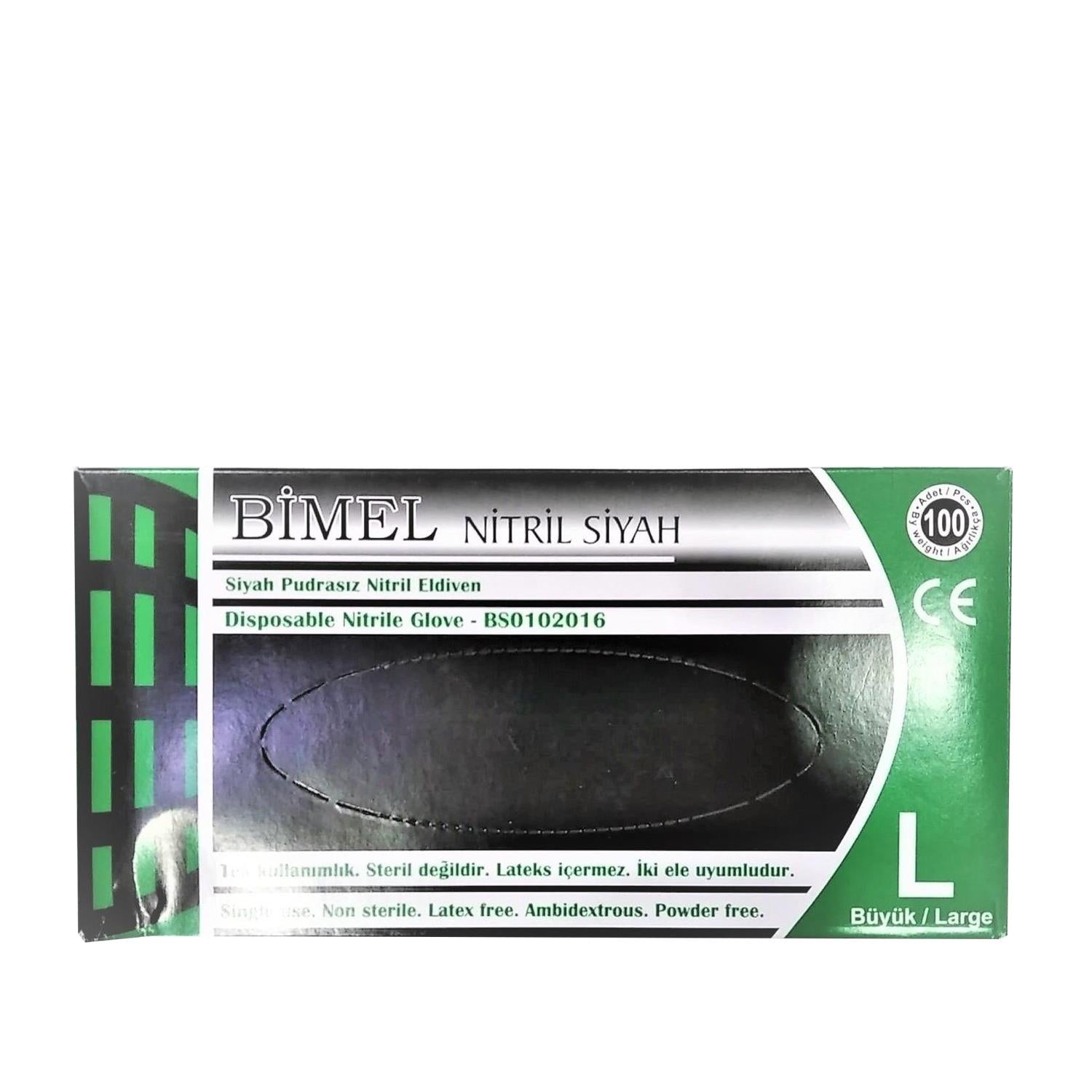 Bimel Nitrile Examination Gloves - Powder-Free, Black, Large - 100 Count - Latex Allergy Friendly