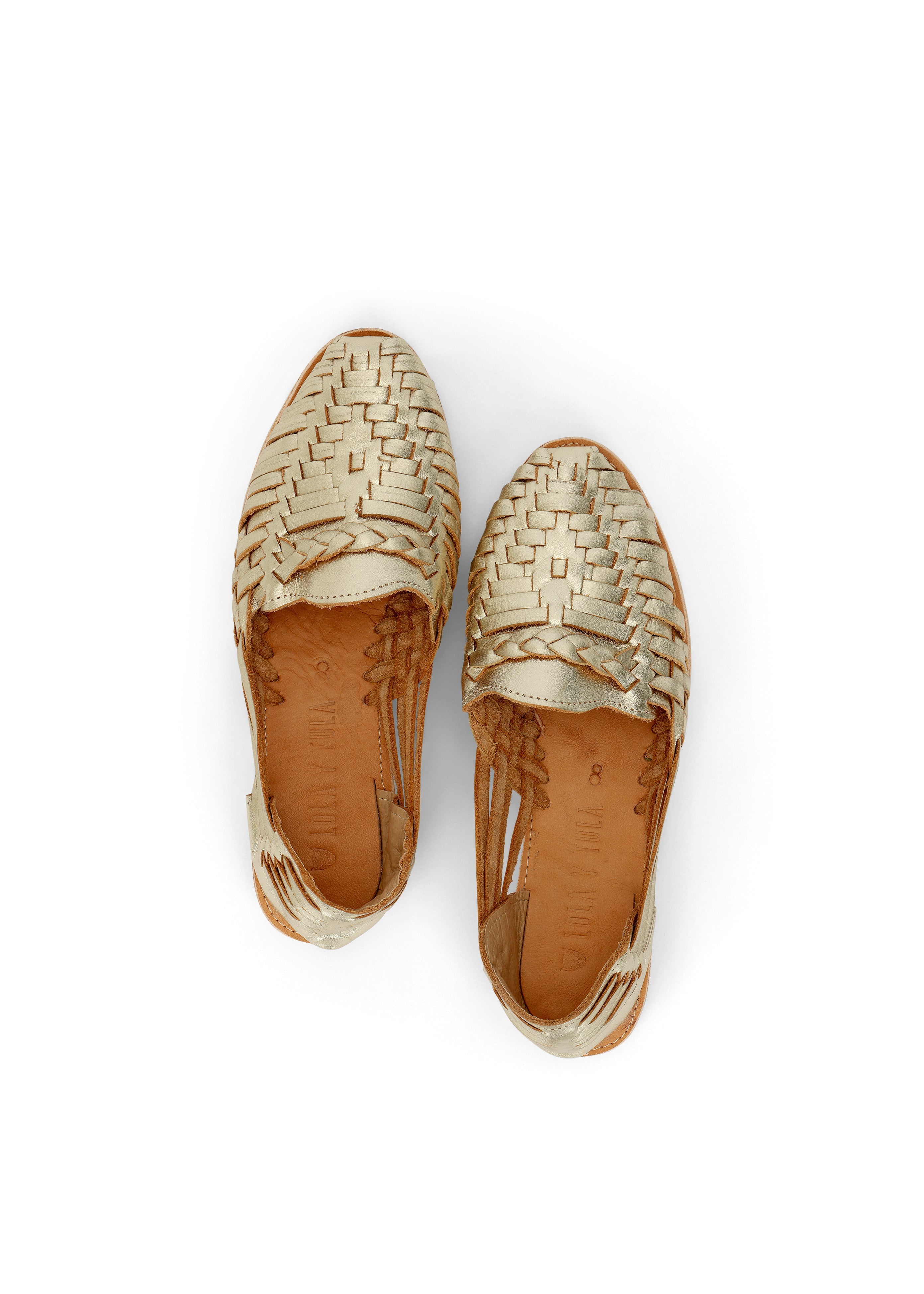 LOLA Y TULA Gold Leather Huarache — detail close-up