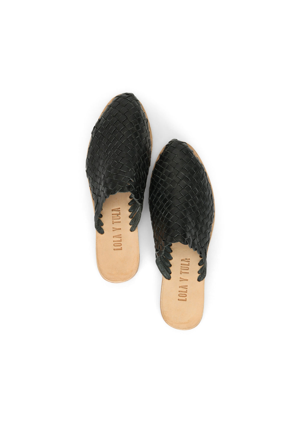 LOLA Y TULA Hand Woven Leather Slides Black — detail close-up