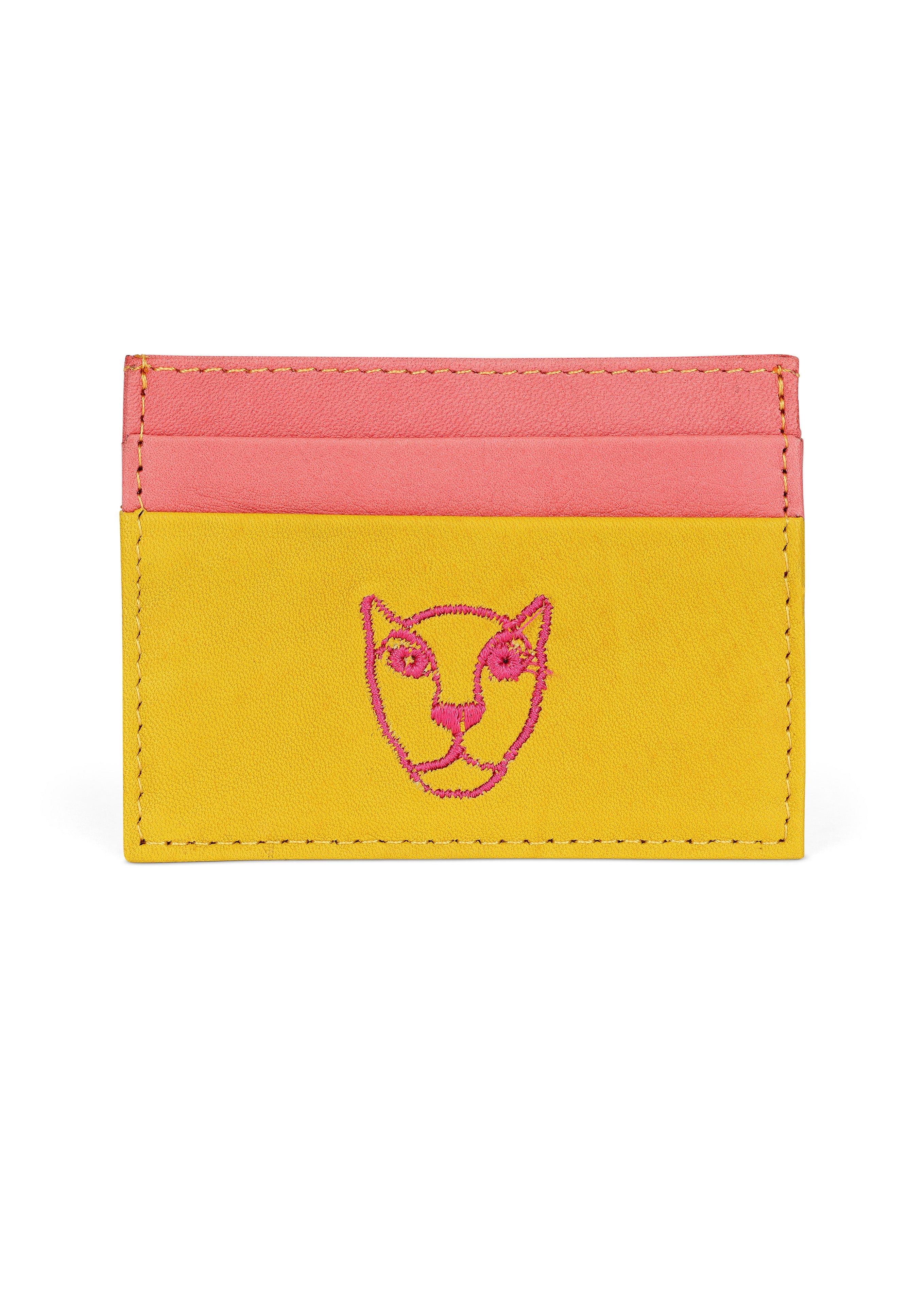 LOLA Y TULA Jaguar Leather Card Holder Wallet Yellow and Pink — main product shot