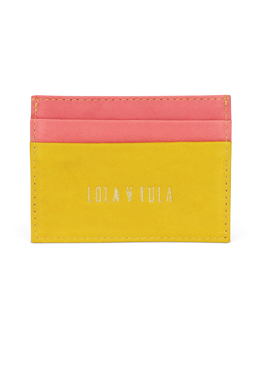 LOLA Y TULA Jaguar Leather Card Holder Wallet Yellow and Pink — detail close-up