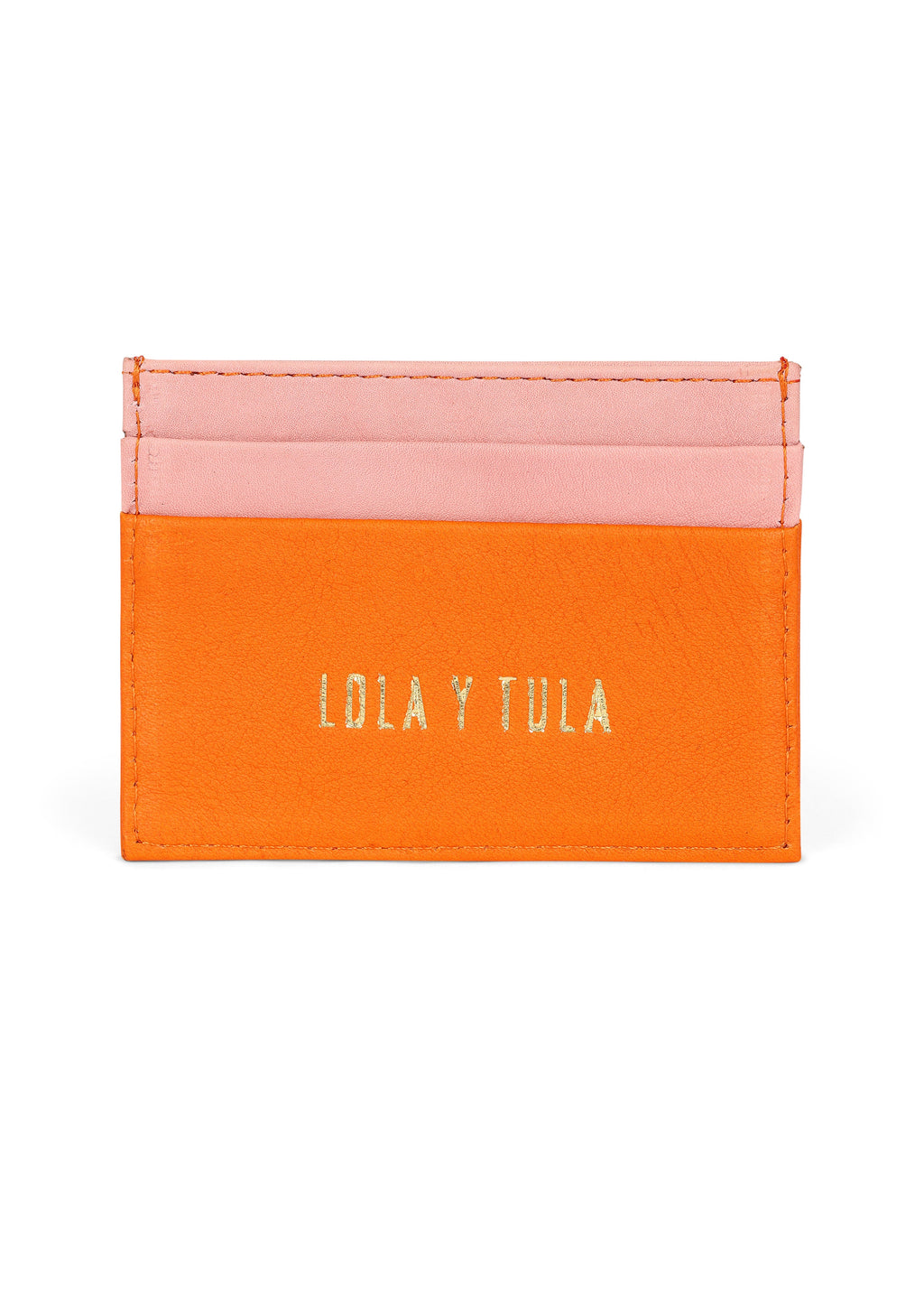 LOLA Y TULA Jaguar Leather Card Holder Wallet Pink and Orange — detail close-up